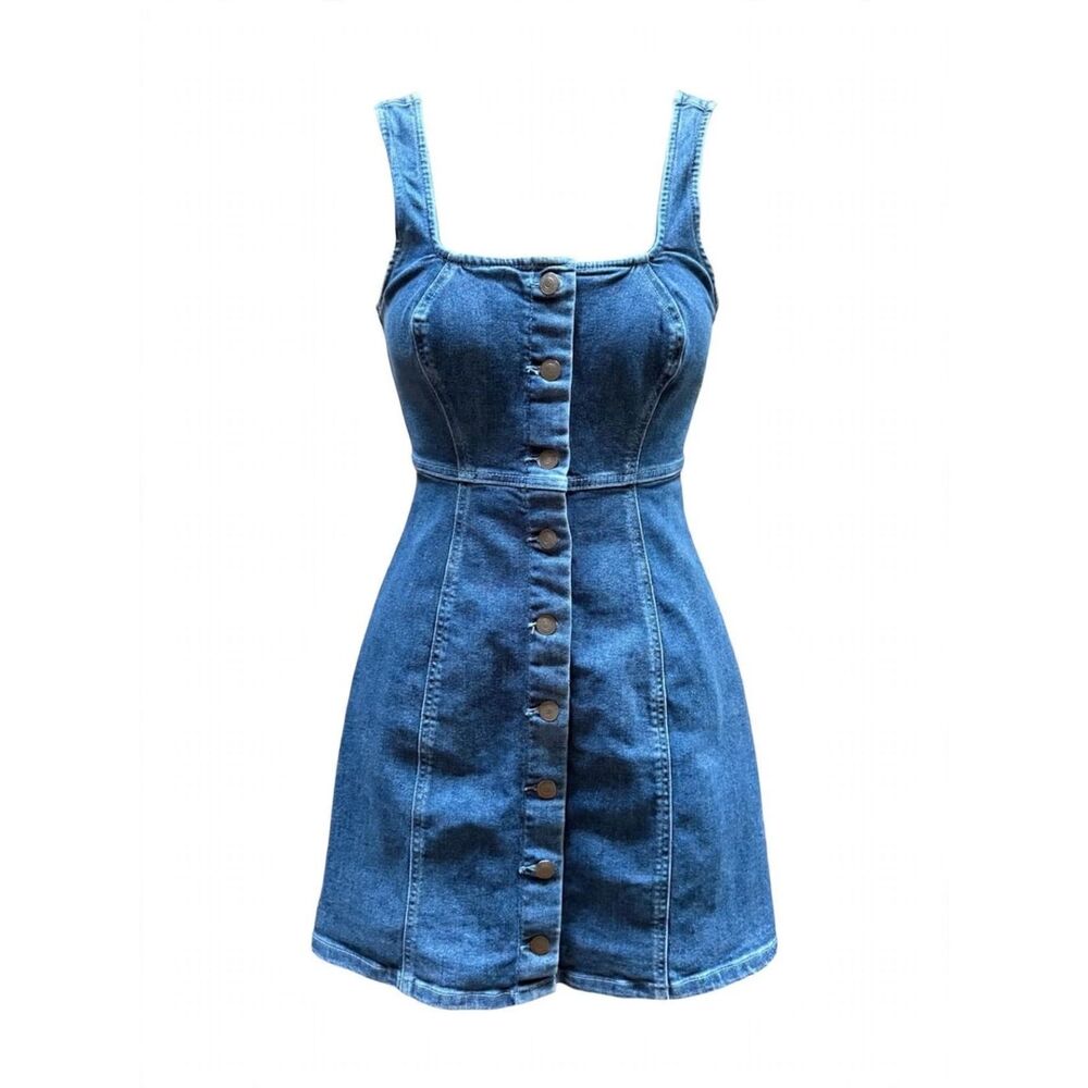 SO Blue Denim Button Front Mini Dress Sleeveless Resort Casual S